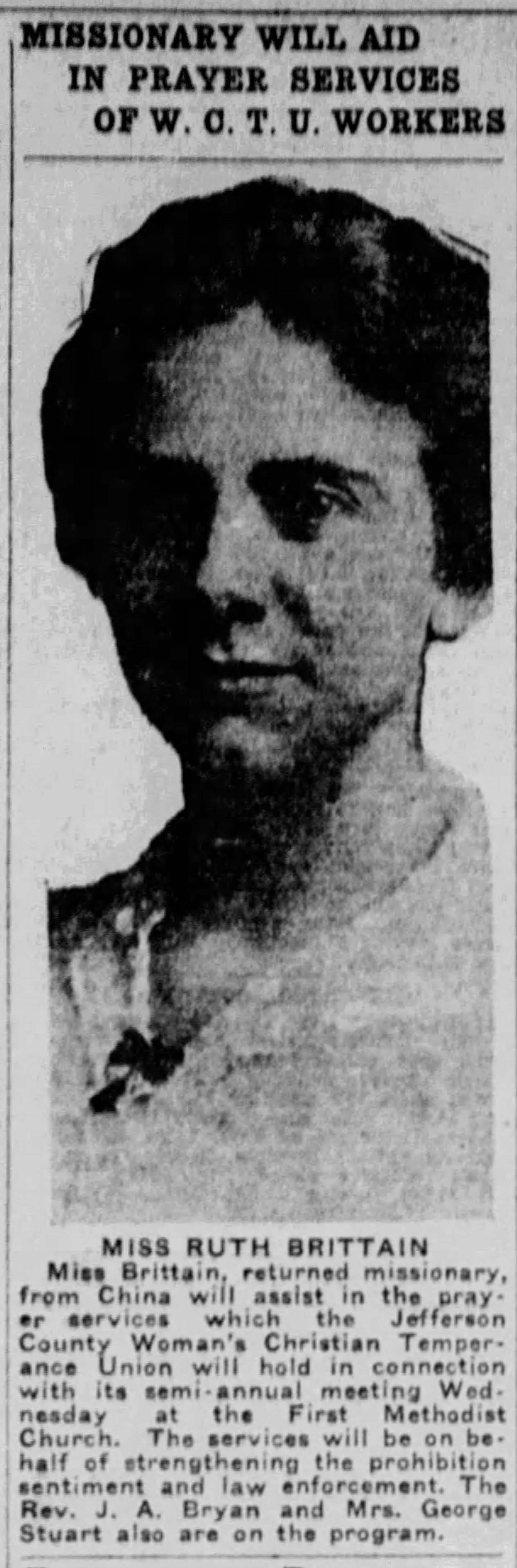 Missionary Will Aid In Prayer Services of W.C.T.U. Workers